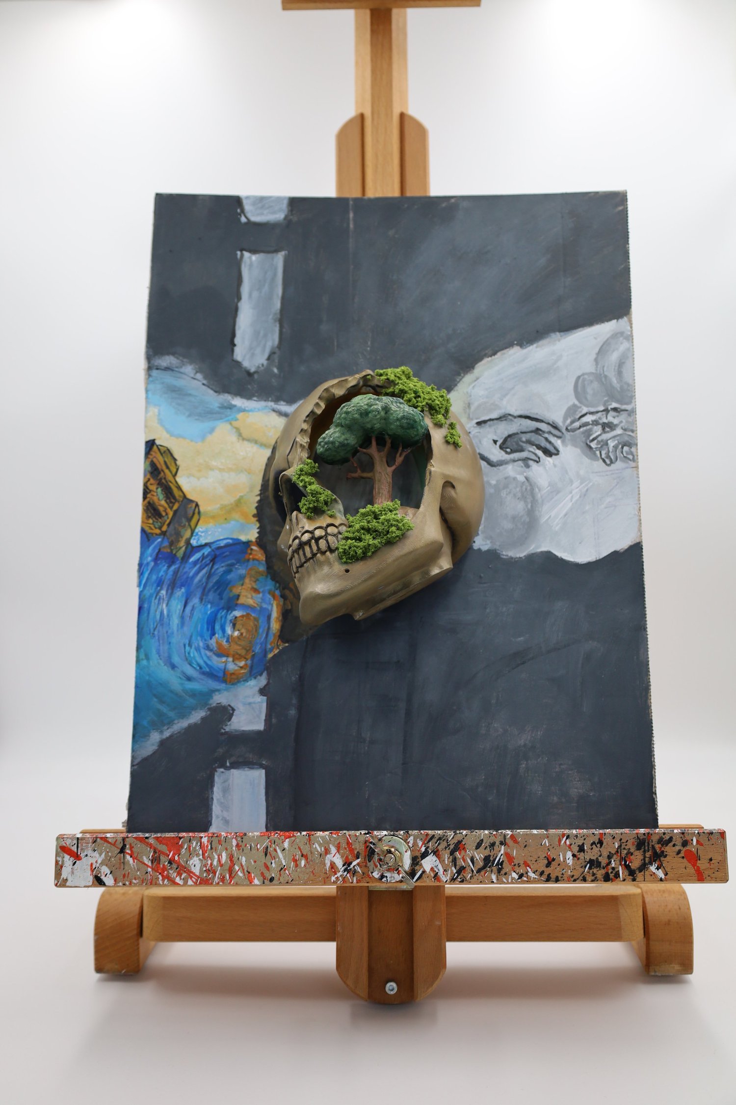 A painted skull with a bonsai tree growing through it on a Van Gogh inspired canvas